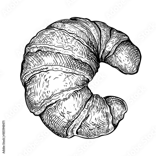 Vector illustration of a Croissant. Hand drawn sketch of French Viennoiserie in a crescent shape made from a laminated yeast dough. Sweet baked breakfast pastries. Food menu design element