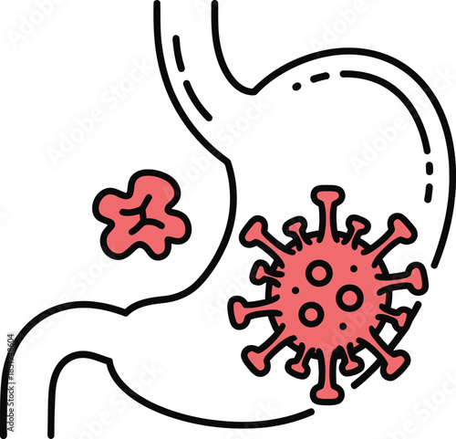 Cartoon stomach with virus and appendix  health issues