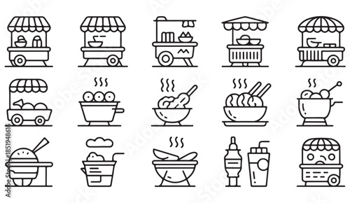 Simple sketch food stall and hot meal symbols set in monochrome illustration