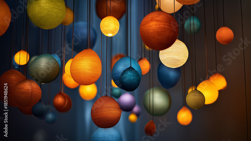 Various colorful balloon lights are hung at different heights with soft ambient light.