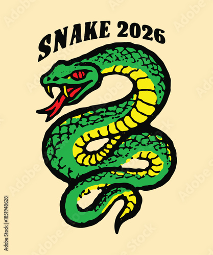 Coiled Green Snake Retro Illustration