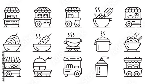 Hand drawn street food and cooking icons set in minimal outline style