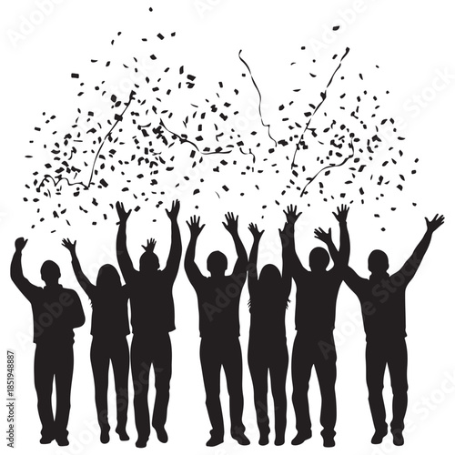 People celebrating with confetti silhouette group cheering