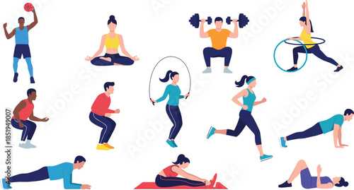 Set of diverse people performing various fitness exercises including yoga running weightlifting and stretching isolated on white background.
