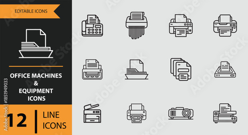 Set of modern office machines and equipment editable line icons for business applications