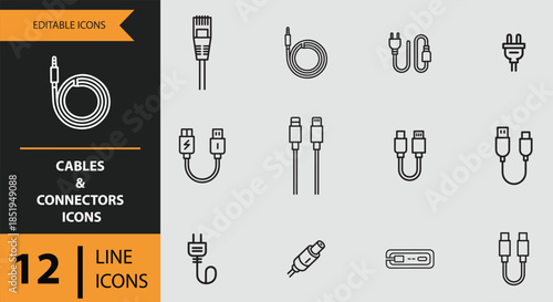 Essential cable and connector line icons for electronic devices and power connections