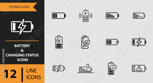 Essential line icons illustrating various battery and charging status indicators for digital interfaces