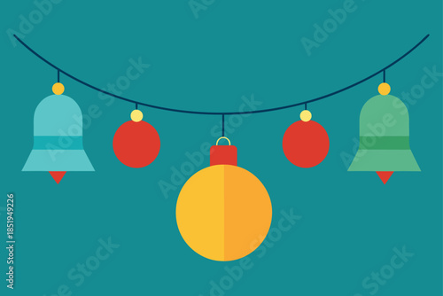 Festive Christmas bells and shiny baubles adorning a decorative garland, a cheerful holiday design in EPS vector format.