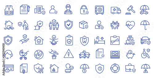 Insurance and assurance icon set. Editable line icons. Vector illustration.