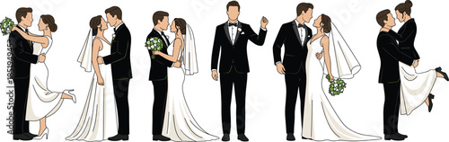 Set of romantic wedding couples in various poses featuring bride in white dress and groom in black tuxedo isolated on white.