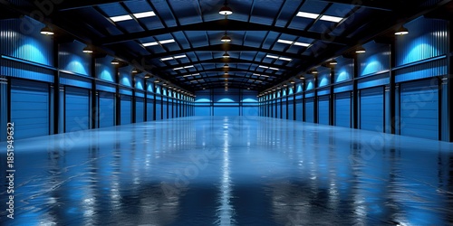 Abandoned blue warehouse with fog and reflective floor interior