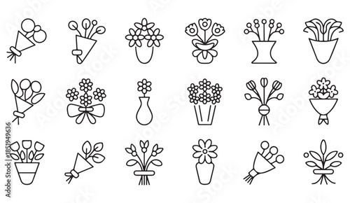 Floral sketch icon collection with bouquets and blossoms