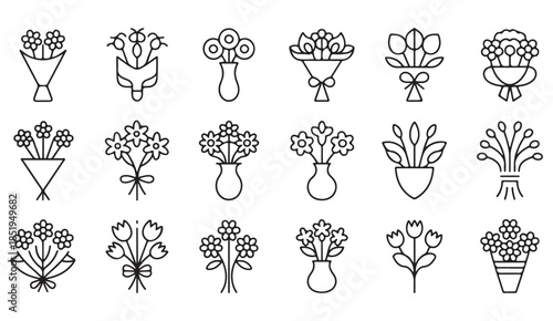 Hand drawn flower and bouquet icons set in minimal doodle outline style