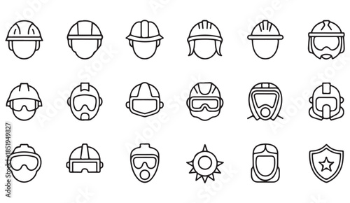 Industrial safety helmet and face gear outline icons collection