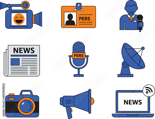 Set of professional news and journalism icons including video camera microphone newspaper press card and satellite dish for media broadcasting.