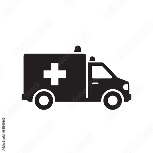 Black silhouette of an ambulance with a medical cross symbol emergency vehicle