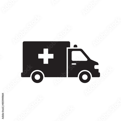 Black silhouette of an ambulance with a white cross on a white background medical emergency