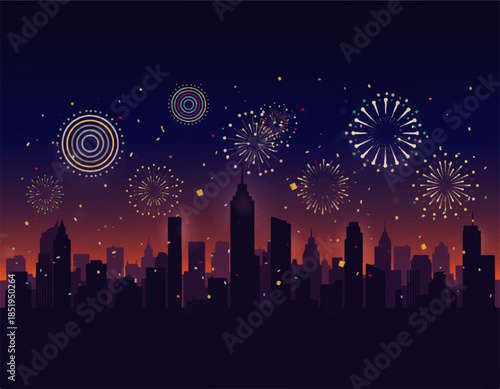 A vibrant night city skyline illustration features a dark urban landscape with stars and a glowing moon as colorful fireworks light up the architecture and skyscraper silhouettes during a winter celeb
