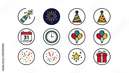 Celebration Icons: A vibrant collection of twelve circular icons representing the essence of a jubilant occasion, featuring elements like champagne, fireworks, and balloons.