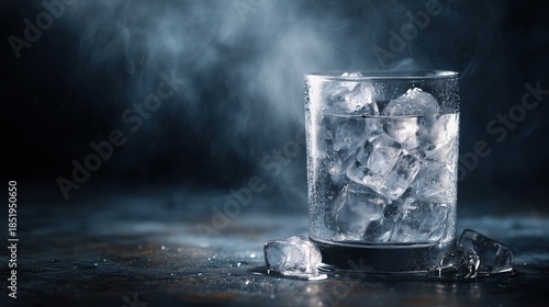 Glass of ice water with cold mist and condensation for refreshing beverage background