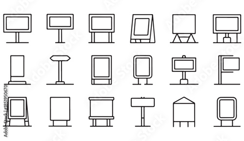 Hand drawn presentation board and signage icons set in minimal outline style