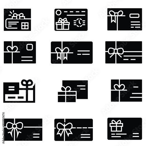 Gift Card Icon Set – Black and White Filled, Flat, and Stroke Line Vector Symbols for Web, App, and UI Design