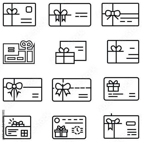 Gift Card Icon Set – Black and White Filled, Flat, and Stroke Line Vector Symbols for Web, App, and UI Design