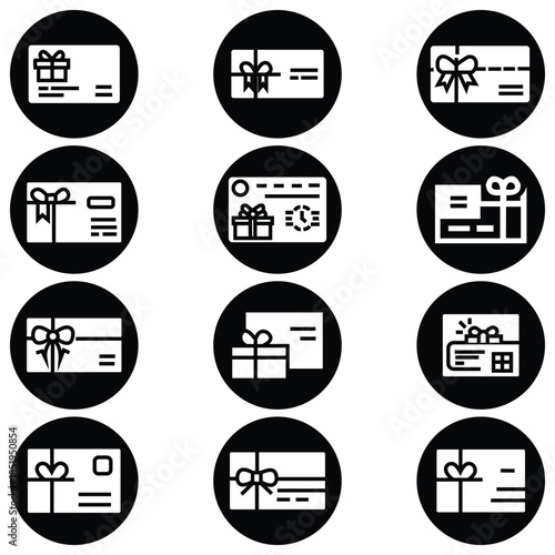 Gift Card Icon Set – Black and White Filled, Flat, and Stroke Line Vector Symbols for Web, App, and UI Design
