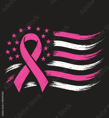 Breast Cancer Awareness Month American Flag Pink Ribbon Distressed Vector Design USA Patriotic Support Warrior