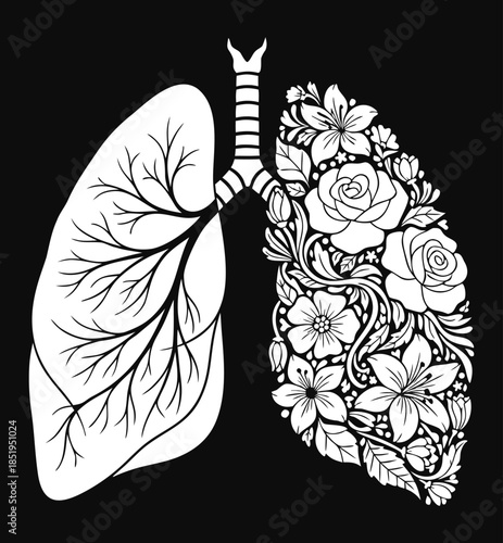 Floral Anatomy Human Lungs Vector Art For Respiratory Health Awareness Nature Rose Flowers Medical Design.