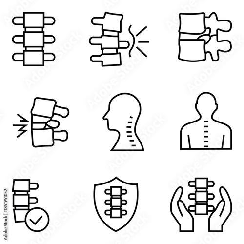 Human Body Parts and Spine Icon Set – Line, Thin Outline, and Filled Vector Icons of Anatomy, Organs, and Skeleton for Medical and Web Design