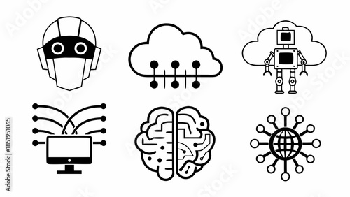 Set of funny cartoon monsters and skulls vector illustration icons for web and business design featuring hand drawn black silhouette symbols and eco globe signs