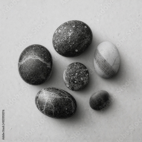 Black pebble and white pebble on white surface. Polished stones 