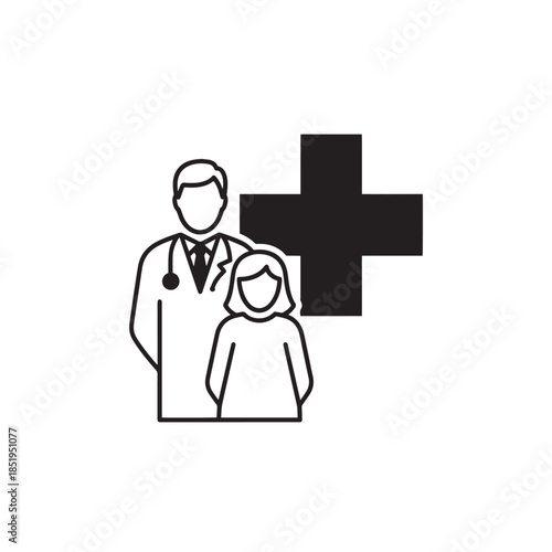 Doctor and patient icon with black medical cross symbol health care