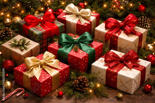 Festive Christmas Gift Boxes with Colorful Ribbons and Holiday Decorations