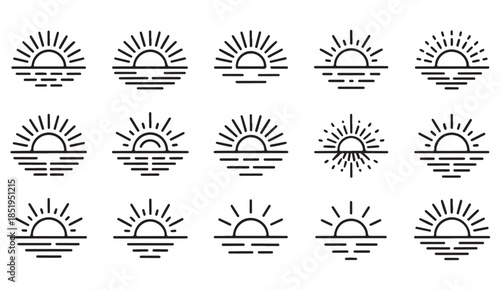 Hand drawn sunrise and sunset icons set in minimal doodle outline style