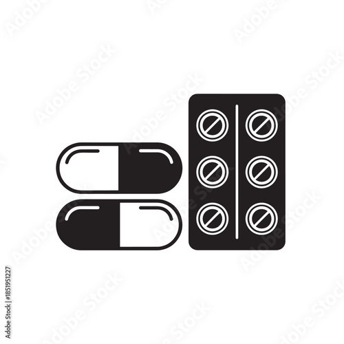 Two black capsules and blister pack with prohibition symbols pill medicine