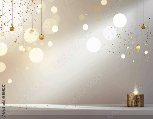 Glowing ambiance of Celebrations: A festive scene, with elegant decorations and enchanting lights. Golden ornaments cast a warm, radiant glow, suggesting festive celebration and a peaceful atmosphere.