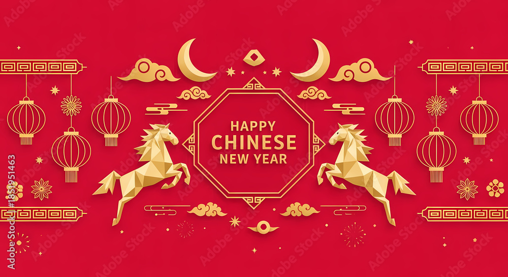 Naklejka premium Two golden horses celebrating the Chinese New Year with lanterns.