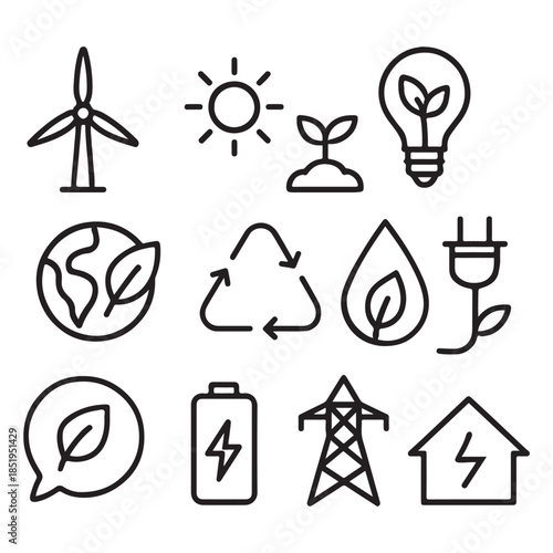 Containing renewable energy, ecology, and green electricity. Ecology energy icon set vector