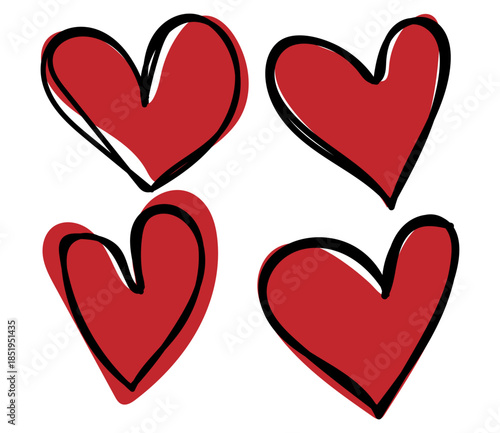 Four slightly imperfect hand drawn red hearts with bold black outlines symbolizing love affection and Valentine's day romance creating a vibrant and charming visual design element