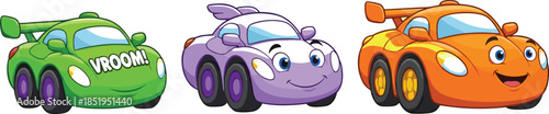 Set of cute cartoon racing car characters featuring vibrant green purple and orange toy vehicles with happy faces for kids transport and play design