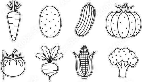 Collection of vegetable line art icons featuring carrot pumpkin broccoli and tomato with dashed sticker border for coloring book and healthy nutrition design