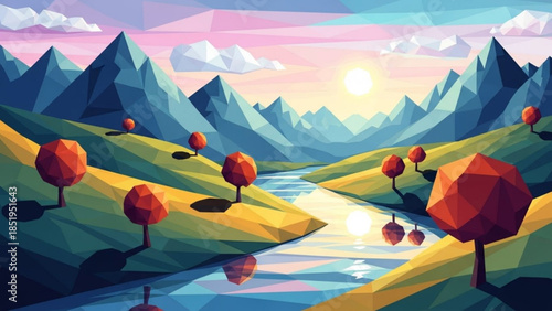Geometric landscape with polygonal trees, river, and mountains at sunset, abstract natural