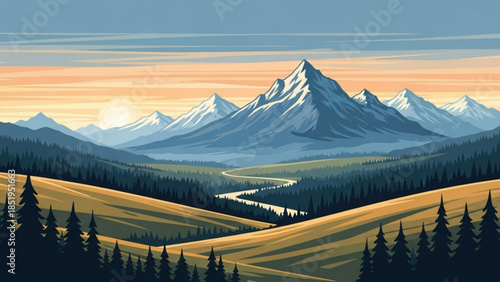 Serene mountain landscape with snowcapped peaks, rolling hills, and a winding river at sunset