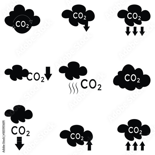 Low Carbon Dioxide and CO2 Emission Icon Set – Vector Collection of Stroke, Flat, and Editable Symbols for Environmental, Climate, and Sustainability Design