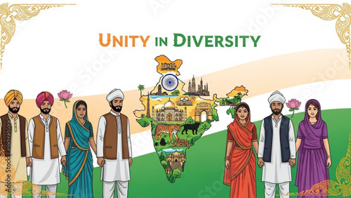 Diverse group of people in traditional indian clothing standing together with india map