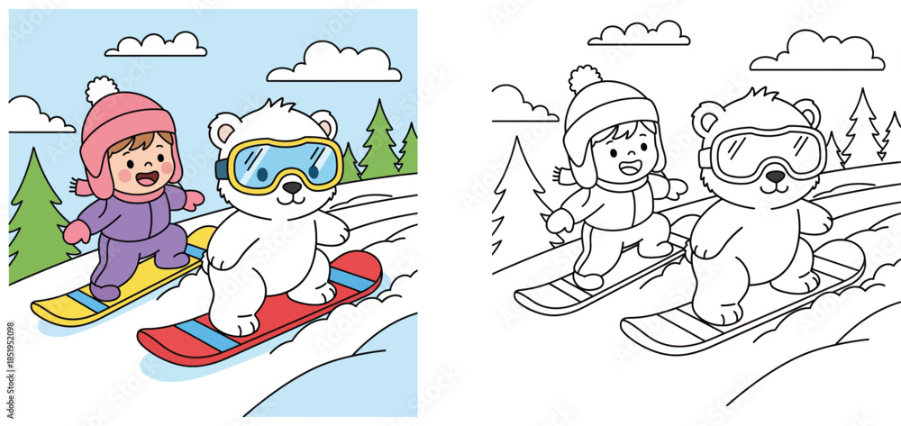 Fototapeta premium Cute cartoon polar bear and little girl snowboarding together on snowy hill. Happy animal character wearing goggles and kid playing winter sport vector illustration for children design.