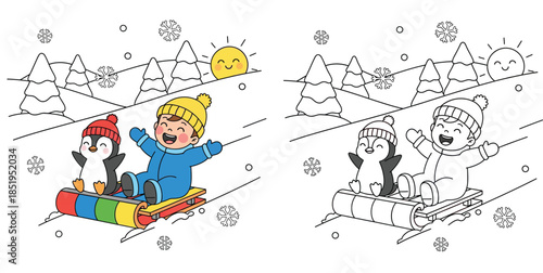 Cute cartoon little boy and penguin friend riding a colorful sled together. Happy kid and animal character enjoying winter fun with outline background. 