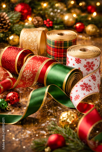 Festive Christmas Ribbons in Red, Green, and Gold with Holiday Decorations